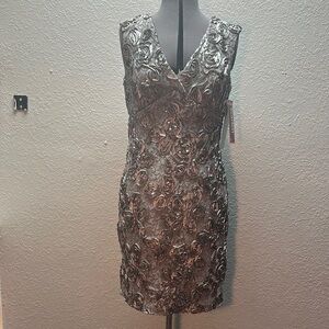 Scarlett Elegant Ribbon Roses Sequins Lace Textured Dress Grey 12 NWT
